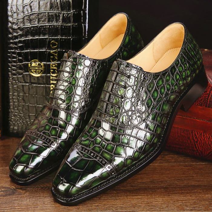 Shoes dress green alligator leather mens oxford toe cap lace crocodile tan blue burgundy